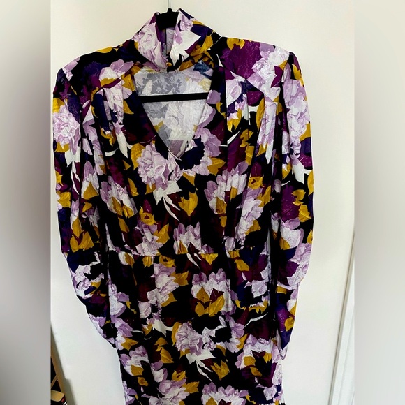 Purple and Gold tones flowery print, long sleeved mini dress with lining. - Picture 2 of 7